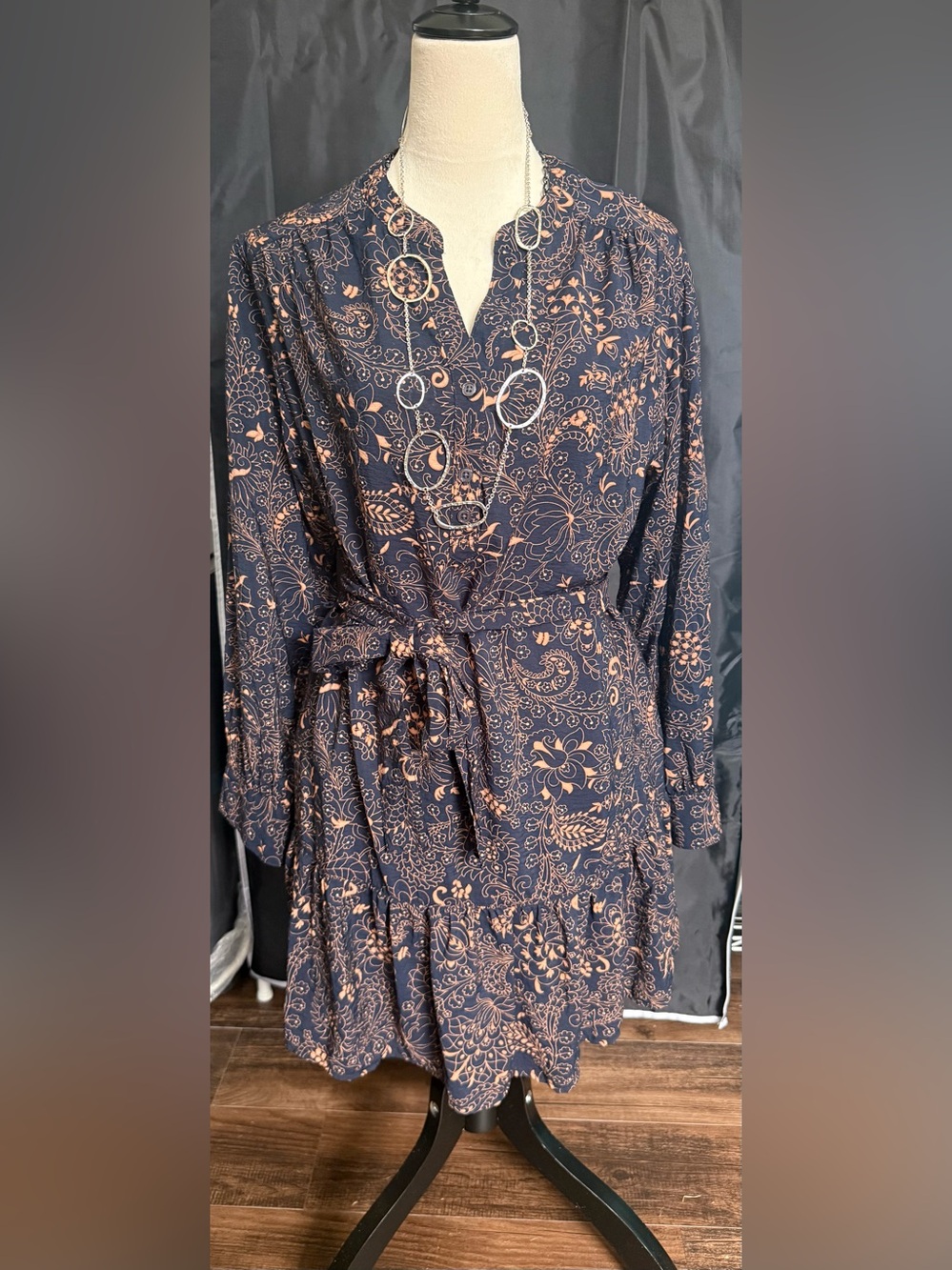 Time and Tru Navy Long Sleeve Floral Tie-Waist Maxi Dress with Peach Accents